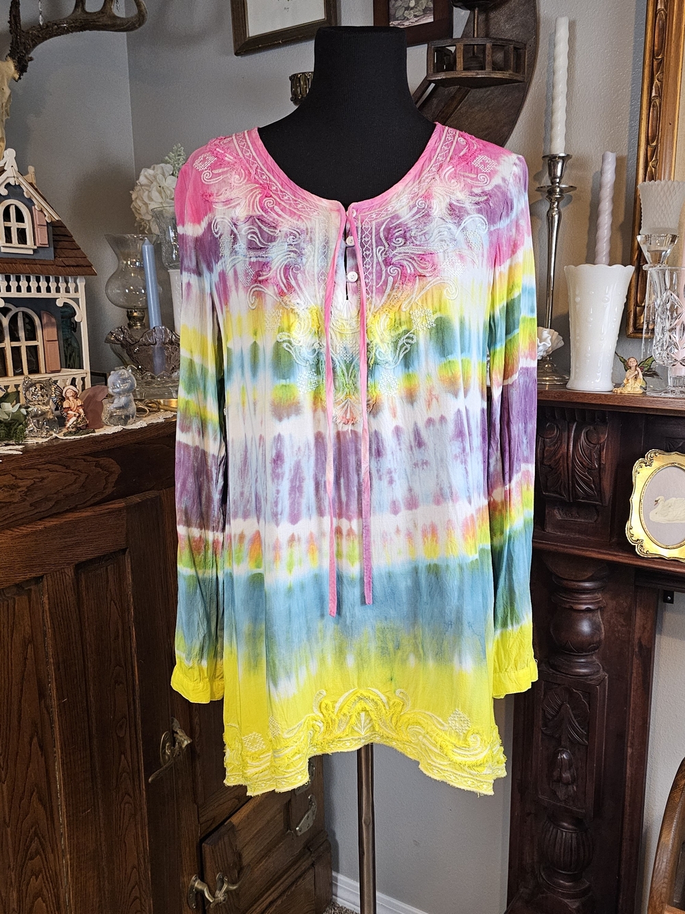 Monoreno Rainbow Tie Dye Embroidered Rayon Tunic Top Boho Festival L